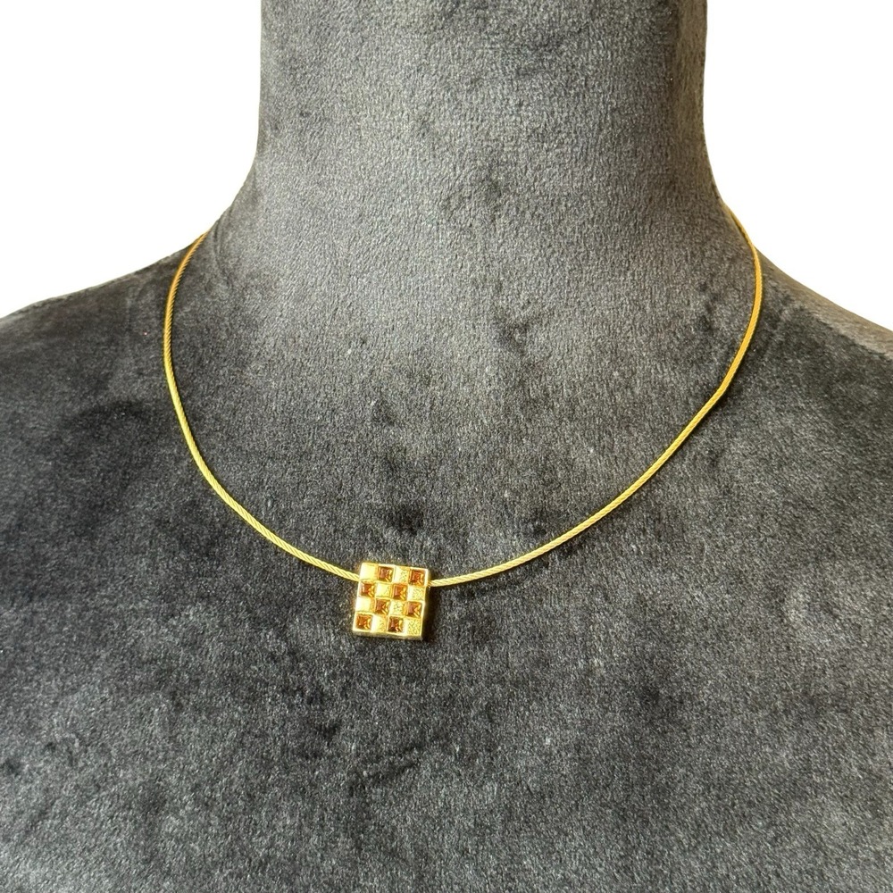 Vintage Monet Gold Tone Checkerboard Geometric Pendant Necklace Signed 1980s - Picture 2 of 6